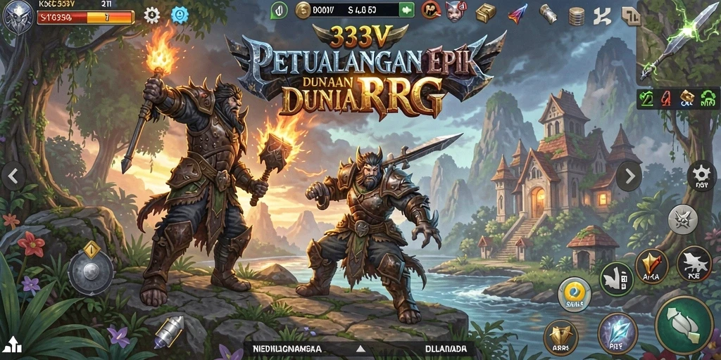 Screenshot gameplay RPG dengan karakter beraksi di medan perang.