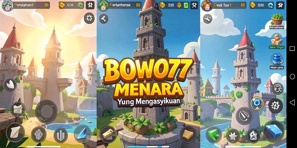 Screenshot gameplay BOWO77 menampilkan pertempuran menara yang seru.