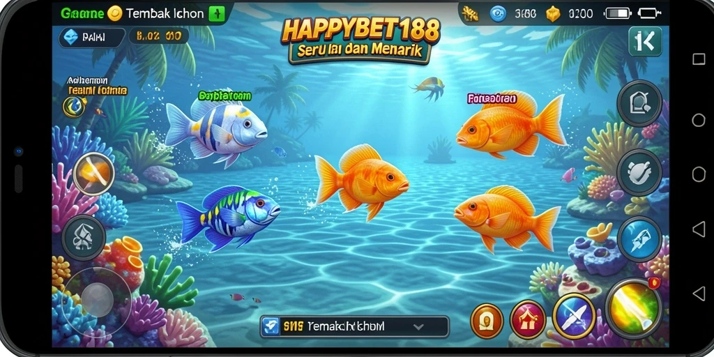 Screenshot gameplay seru dari HAPPYBET188 yang menunjukkan aksi Tembak Ikan.