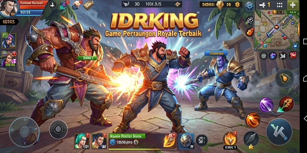 Screenshot gameplay IDRKING menampilkan pertarungan seru di arena Battle Royale.