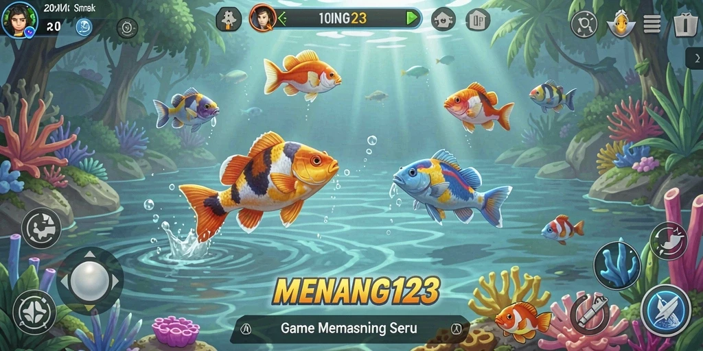 Tampilan gameplay <strong>MENANG123</strong> dengan berbagai lokasi memancing yang menawan.