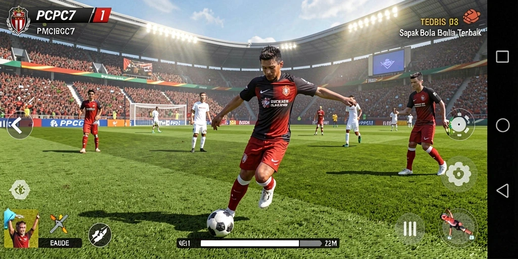 Tampilan gameplay PCPC7 yang menegangkan dan menakjubkan dengan aksi sepak bola.