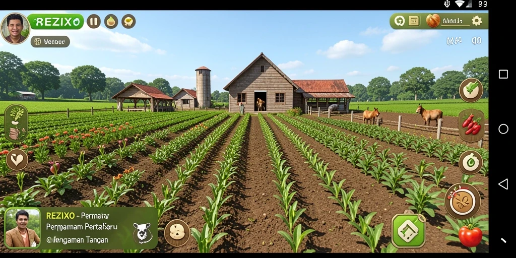 Tangkapan layar gameplay <strong>REZIXO</strong> menampilkan suasana pertanian yang indah dan interaksi hewan.
