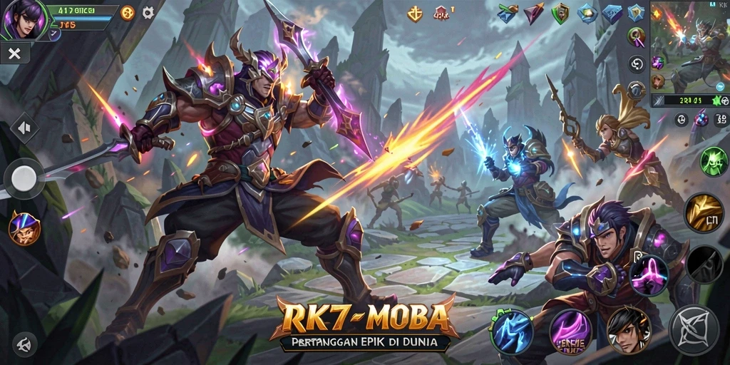 Tangkapan layar gameplay MOBA RK77 dengan aksi seru di arena.