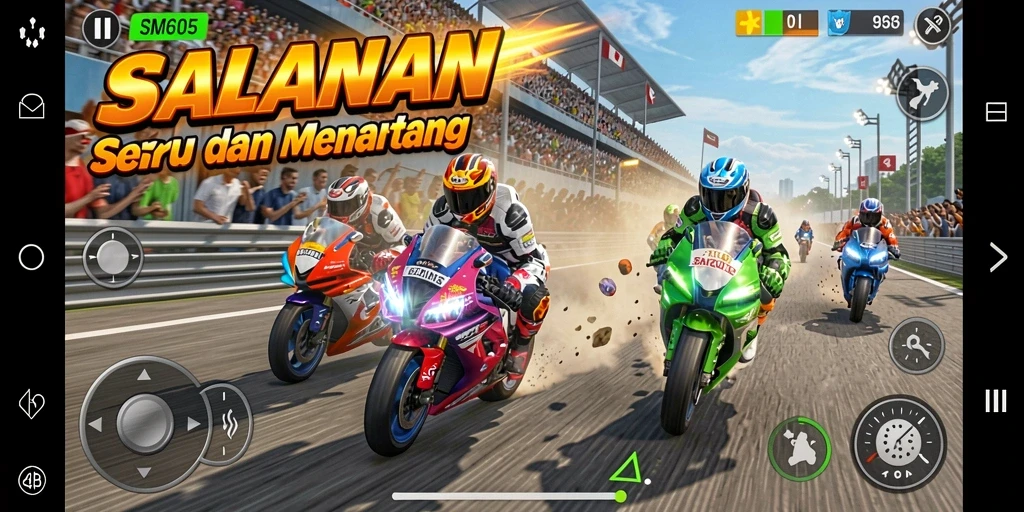Tangkapan layar gameplay luar biasa dari SM605 di trek balapan.