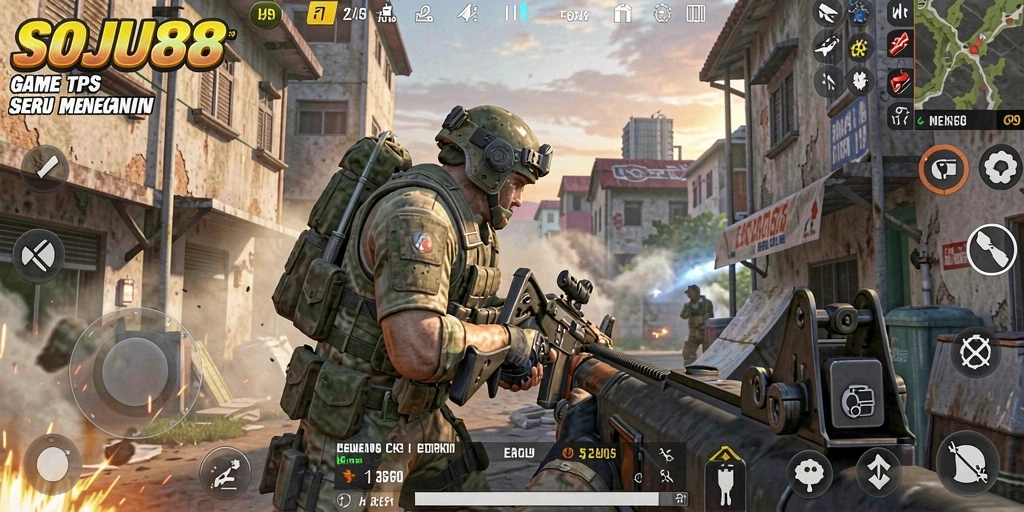 Tampilan gameplay seru dari SOJU88 dalam pertempuran TPS.