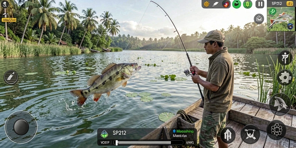Tampilan gameplay SP212 dengan berbagai ikan menarik di lautan.