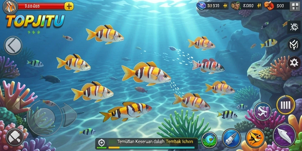 Tangkapan layar menampilkan aksi seru dalam game Tembak Ikan TOPJITU.